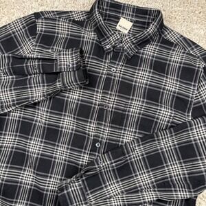 Baldwin Flannel Button Down Mens L Black Gray Plaid Long Sleeve Pocket